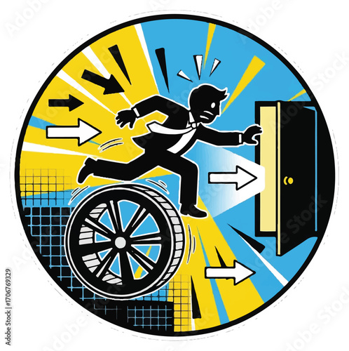 Cartoon illustration of a man running away from a wheel towards a door.
