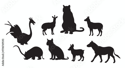 Diverse wild animals, showcasing various global species, depicted as a crisp black silhouette vector illustration for design and education.