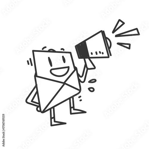 cute email character holding megaphone in doodle cartoon style
