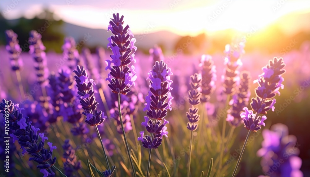 Naklejka premium Lavender field sunset