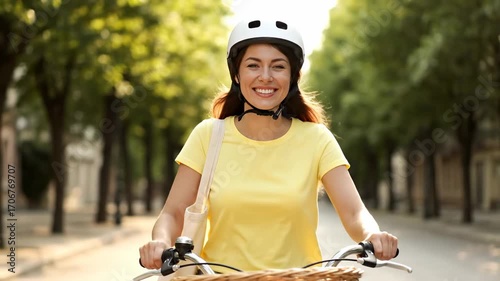 Woman smiling while using holographic task manager cinematic UHD future workplace lifestyle stock footage. cheerful female interacting virtual interface futuristic office