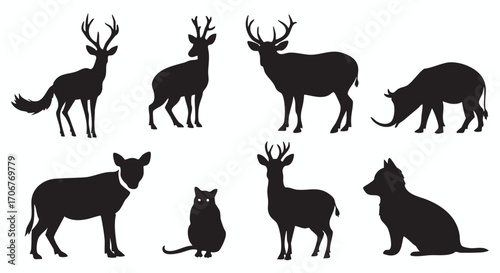 A diverse collection of wild and domestic animal icons as a silhouette vector illustration, featuring deer, stags, dogs, and a cat.