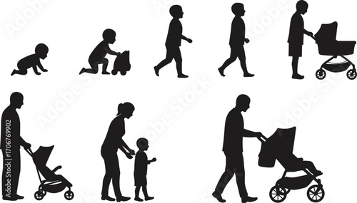 Silhouettes of Child Growth and Parenting with Strollers – Baby Crawling, Walking, and Development Vector Illustration for Childhood Milestone Concepts