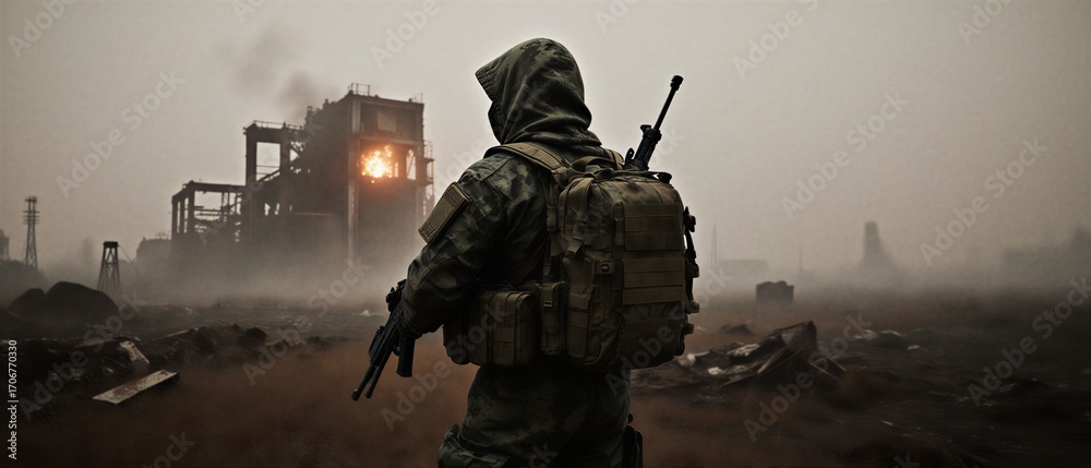 Obraz premium lone soldier surveying ruined landscape after devastating nuclear disaster event | post-apocalyptic, disaster, war, sci-fi, horror theme