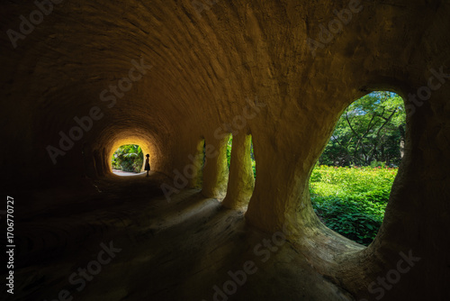Underground Cave Tunnel System with Natural Window Openings and Lush Green Vegetation Views