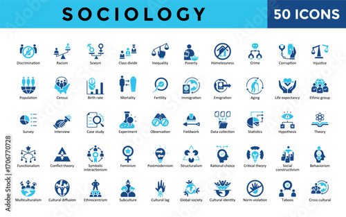 Sociology icons set with discrimination, racism, sexism, class divide, inequality, poverty, homelessness, crime, corruption, injustice icon. Simple flat vector illustration
