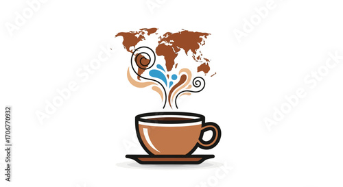 Illustration of a steaming coffee cup with swirling steam forming a world map on International Coffee Day against a clean white background.