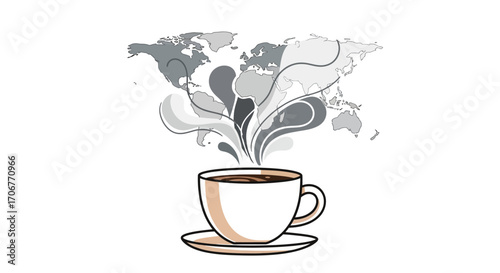 Illustration of a steaming cup of coffee with a world map in the background, celebrating International Coffee Day in a modern and minimalist style with neutral tones.