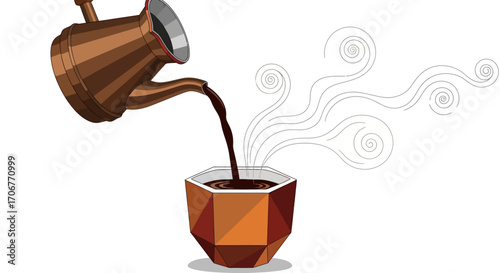 Flat lay illustration of a copper kettle pouring coffee into a brown cup on a white background, celebrating International Coffee Day with warm tones.