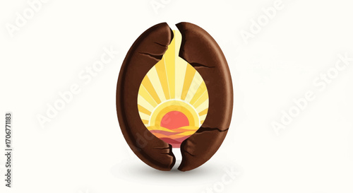 A stylized illustration of a coffee bean with a sunburst design, symbolizing International Coffee Day, against a clean white background with warm, sunny tones.