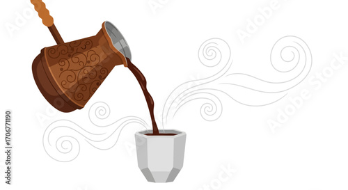 Illustration of a traditional Turkish coffee pot pouring coffee into a cup on International Coffee Day with steam rising, against a clean white background.