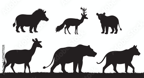Collection of wild jungle and forest animals like a bear, deer, and hippo, a detailed silhouette vector illustration set.