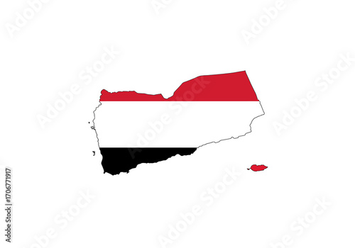 A flagcolored silhouette map of Yemen with red white and black stripes