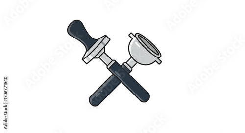 Illustration of crossed coffee tamper and portafilter on a plain white background, celebrating International Coffee Day with a minimalist style and neutral tones.
