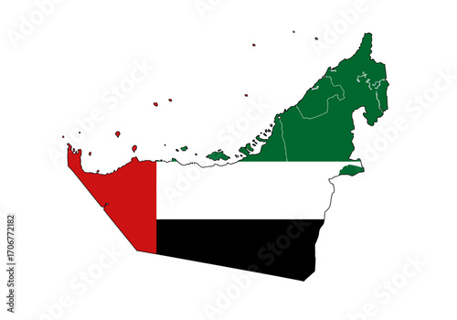 A map of the United Arab Emirates colored with its flag against a white background