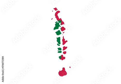 A map of the Maldives with some islands in green and others in red against a white background