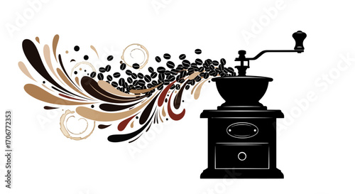 Illustration of a coffee grinder with coffee beans and swirling design elements on International Coffee Day against a white background.