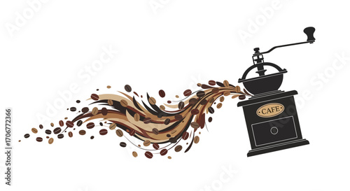 Vintage coffee grinder with coffee beans and swirling grounds on International Coffee Day against a clean white background with warm tones.