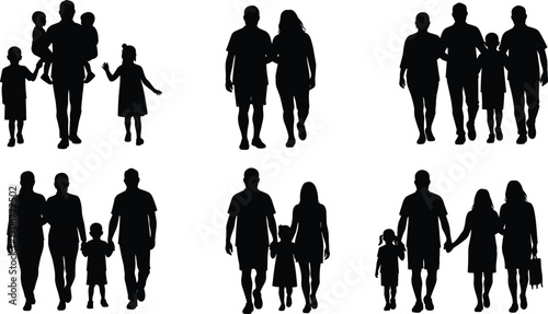 Silhouettes of Families Walking Together with Children in Various Poses – Vector Illustration for Parenting, Lifestyle, and Relationship Concepts