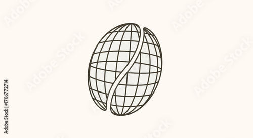 A minimalist line drawing of a coffee bean with a grid pattern on a light beige background, symbolizing International Coffee Day in a simple, graphic style.