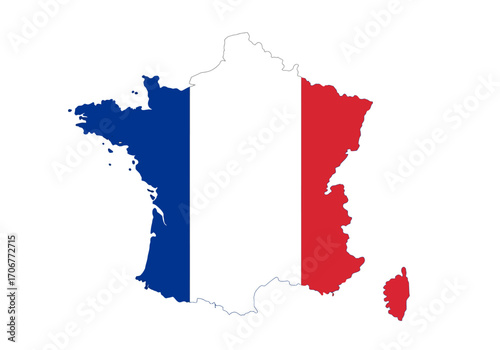 Frances map overlaid with the French flag displaying blue white and red vertical stripes