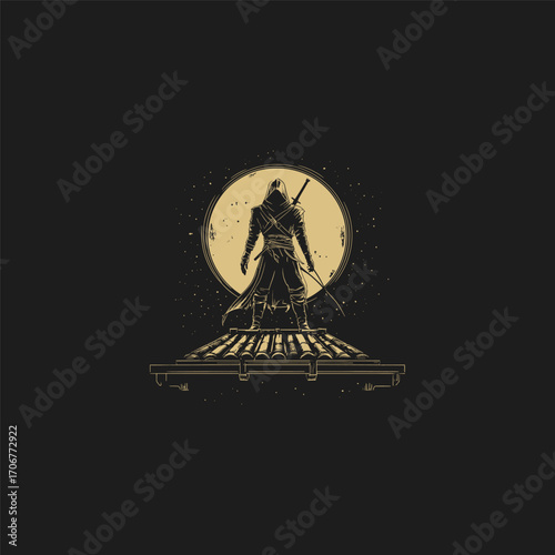 Striking vector illustration in a dark, vintage engraving style, featuring a cloaked rogue or assassin standing watch on a city rooftop at night, silhouetted against a brilliant full moon and starry