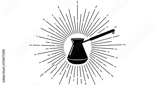 Graphic illustration of a coffee pot with sunburst lines on a white background, celebrating International Coffee Day with a bold black design.