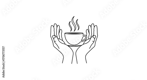 A minimalist line drawing of two hands cradling a steaming cup of coffee on a clean white background, symbolizing International Coffee Day.