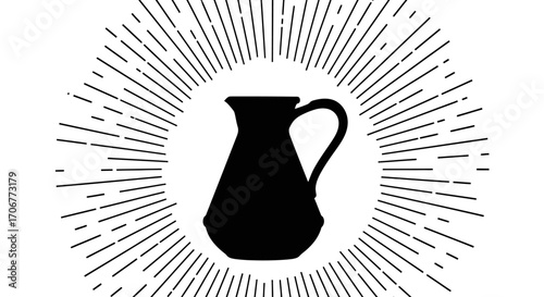Flat design illustration of a black pitcher surrounded by sunburst lines on a white background, symbolizing International Coffee Day with a modern and minimalist style.