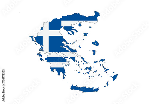 Map of Greece filled with the Greek flag Islands and mainland shown