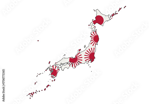 Map of Japan overlaid with the Rising Sun Flag and regular Japanese Flag on Hokkaido