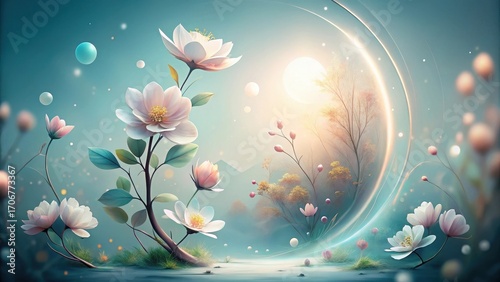Enchanted Bloom Within a Serene Orb A Dreamlike Landscape of Delicate Flowers and Gentle Light