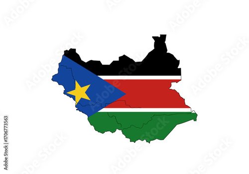 Map of South Sudan filled with its flags colors black red green blue yellow star