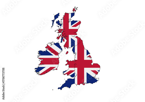 Map of the UK and Ireland patterned with the Union Jack flag centered against a white background