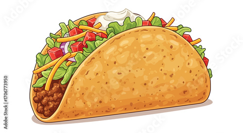 A delicious and detailed vector illustration of a classic hard shell taco filled with ground beef, lettuce, cheese, tomatoes, and sour cream