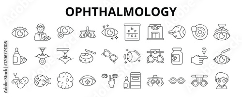 30 Ophthalmology Line Icons Vector - Vision Care, Eye Health, Retina Specialist, Eyewear, Ocular Oncology, Optic Nerve, Trial Frame