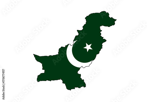 Pakistan map outlined in green with a centered white crescent moon and star