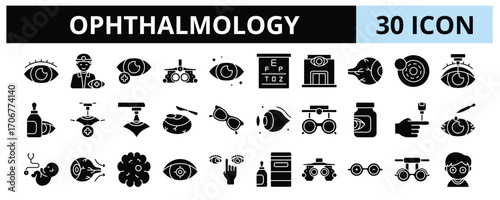 30 Ophthalmology Glyph Icons Vector - Vision Care, Eye Health, Retina Specialist, Eyewear, Ocular Oncology, Optic Nerve, Trial Frame