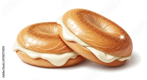 A delicious pair of freshly baked bagels, sliced and generously filled with smooth cream cheese spread. A classic breakfast food illustration isolated on a white background