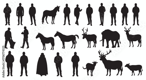 Comprehensive set of human and animal figures, a versatile silhouette vector illustration collection for creative projects.