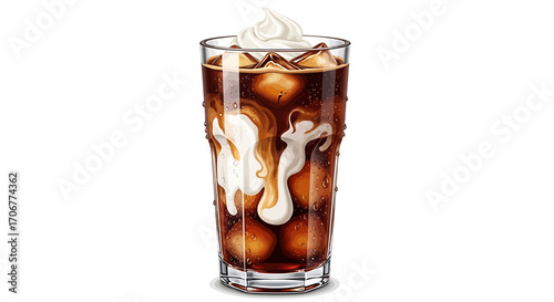 A realistic illustration of a refreshing iced coffee beverage in a tall glass with a creamy swirl and whipped topping, isolated on a white background