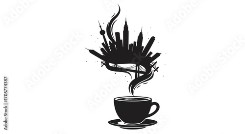 A black silhouette of a steaming cup of coffee with a city skyline emerging from the smoke, symbolizing International Coffee Day on a white background.