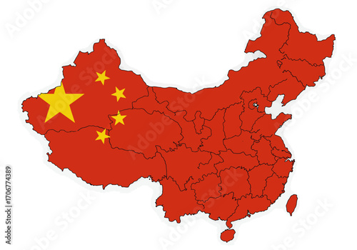 Red map of China overlaid with the Chinese flag on a white background