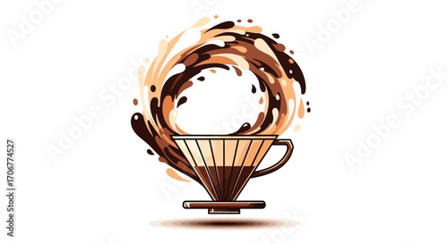 Illustration of a coffee cup with swirling brown liquid against a white background, celebrating International Coffee Day with warm tones.