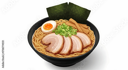 An appetizing illustration of a Japanese ramen noodle soup bowl with chashu pork, a seasoned egg, and nori seaweed