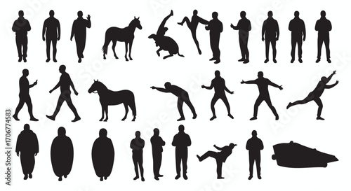 A diverse collection of people and animals in various standing and action poses, a detailed silhouette vector illustration set.
