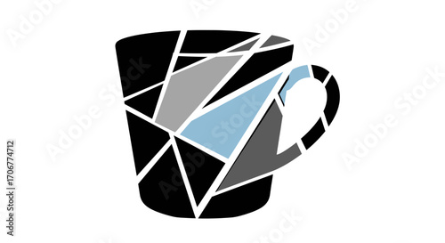 Geometric mosaic illustration of a coffee mug in shades of black, gray, and blue on a white background, celebrating International Coffee Day.