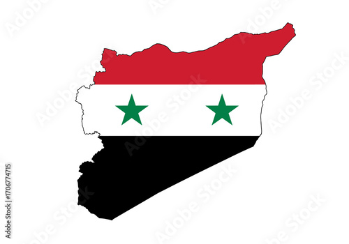 Syrias shape filled with the Syrian flag red white with two stars and black