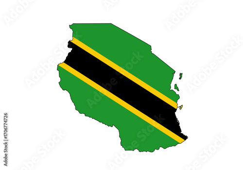 Tanzania flag fills the countrys outline angled bands of green black gold