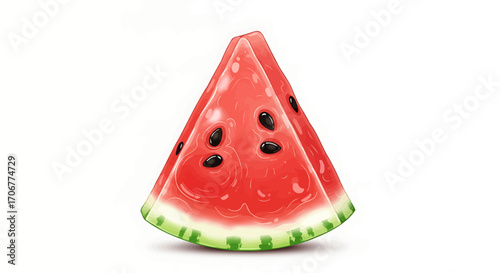 A vibrant and juicy illustrated slice of red watermelon with seeds. This fresh, ripe, triangular piece of summer fruit is isolated on a clean white background
